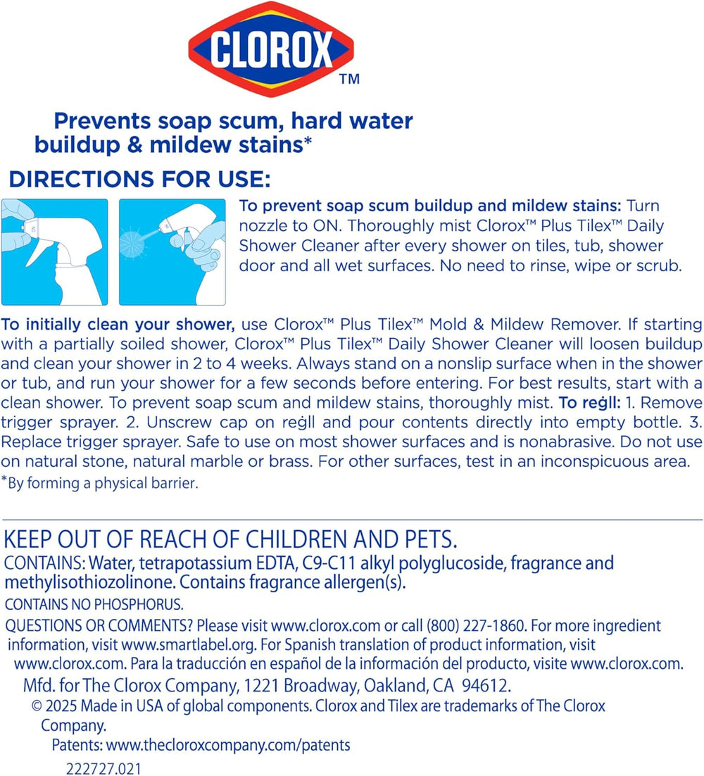Clorox Plus Tilex Daily Shower Cleaner, 32 Fluid Ounce Spray Bottle, Pack of 2 - Covaura