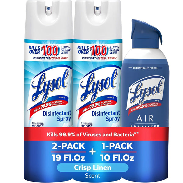 Lysol Bundle containing x2 Lysol Disinfectant Spray for Hard and Soft Surfaces, Crisp Linen, 19 Fl. Oz + Lysol Air Sanitizer Spray, For Air Sanitization and Odor Elimination, White Linen, 10 Fl. Oz - Covaura