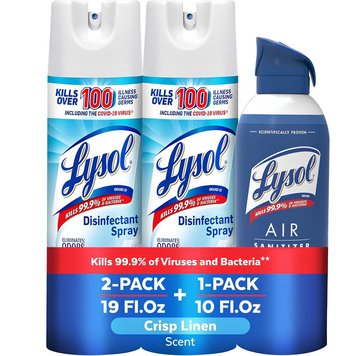 Lysol Bundle containing x2 Lysol Disinfectant Spray for Hard and Soft Surfaces, Crisp Linen, 19 Fl. Oz + Lysol Air Sanitizer Spray, For Air Sanitization and Odor Elimination, White Linen, 10 Fl. Oz - Covaura
